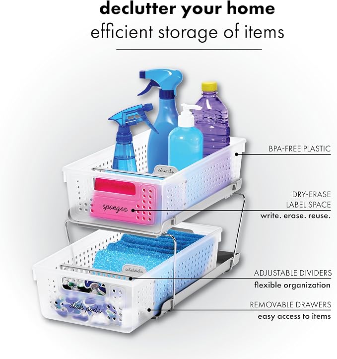 madesmart 2 Tier Bath Organizer,Undersink Storage with Sliding Drawers,for Cleaning Supplies, Pantry, Sponges,Bottles&Kitchen Essentials,Adjustable Dividers&Pull Out Sliding Baskets,Frost, (Pack of 2)
