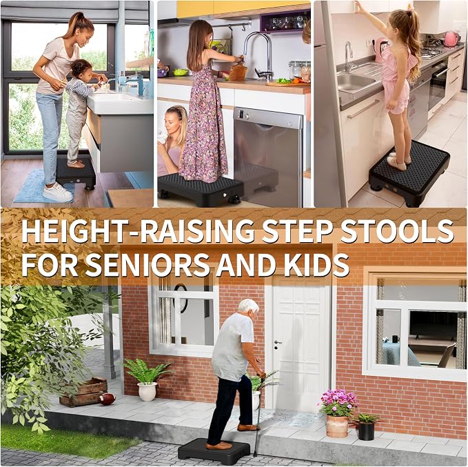 Ronlap One Step Stools for Adults, Portable Safety Step Platform for Seniors Small Plastic Bedside Step Stool Mobility Wide Step Stools Elderly Assistance for Shower Bed Car Stair Outdoor, Black-Black