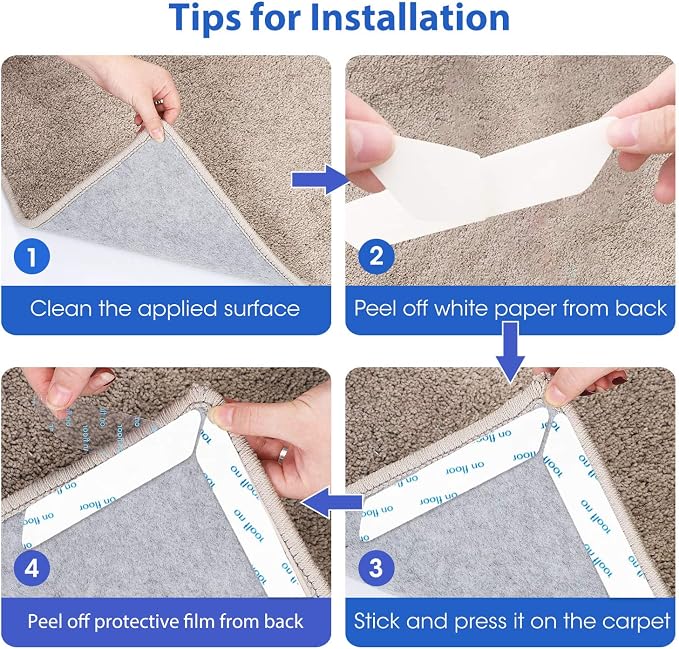 Rug Tape,16 Pcs Dual Sided Washable Removable Rug Stopper for Area Rug, Non Slip Adhesive Prevent Curl for Hardwood Floors and Carpet Corners