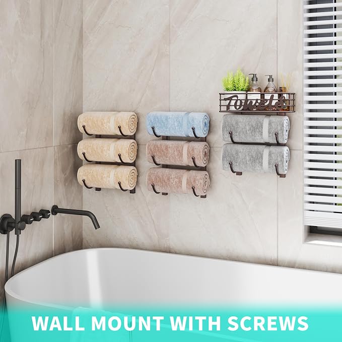HapiRm Towel Racks for Bathroom Storage - 9 Tier Over The Door & Wall Mount Rolled Towel Storage Organizer Holder with Metal Shelf Basket for Small Bathroom, Camper, Rv - Bronze, Patented