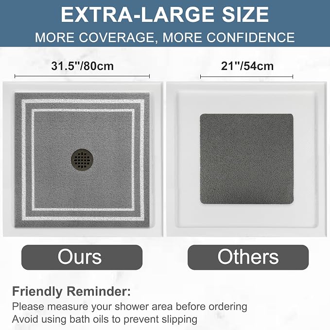 Square Shower Mat Non Slip: 32x32 Inch Extra Large Shower Mats for Inside Shower, Non Slip Shower Mat with Drain Hole in Middle- Anti Slip Shower Floor Mat, Loofah Shower Stall Mats for Elderly