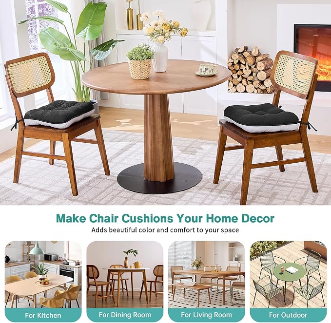 BETU Black Chair Cushions for Dining Chairs Set of 2,3.5" Thick Kitchen Table Chair Pads with Ties,Non Slip Backing and Covers,Seat Cushion for Dining Room,Bar,Patio Chairs,15.5"X15.5"X3.5",Black