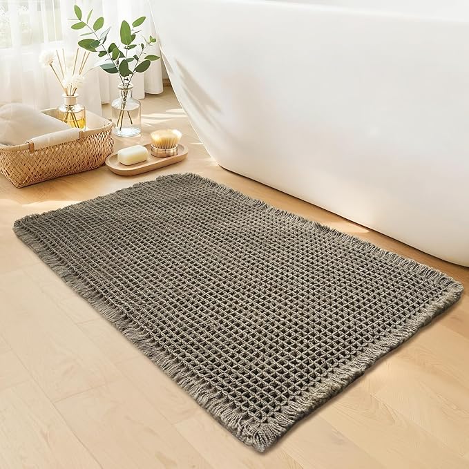 Waffle Bath Mat - Boho Bathroom Rugs Non Slip Washable, Super Absorbent & Quick Dry, Soft Bath Mat Farmhouse Bathroom Decor, 24'' x 36'', Olive Green