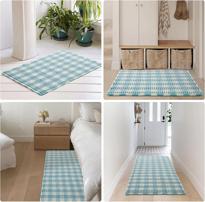 TYUU Waffle Bath Mat, Boho Bathroom Rugs Non Slip Washable Absorbent Checkered Bathroom Mat Quick Dry Cute Bath Mat, 24"x16" Blue and White