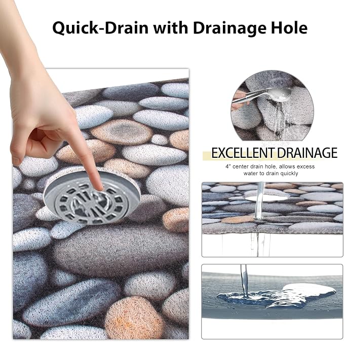 Square Shower Mat, Yonala 32 x 32 Inch Stylish Non Slip Shower Mats for Inside Shower with Central Drain Hole, Soft Trimmable PVC Loofah Anti Slip Shower Mat for Walk in Shower Stall, Quick Drying