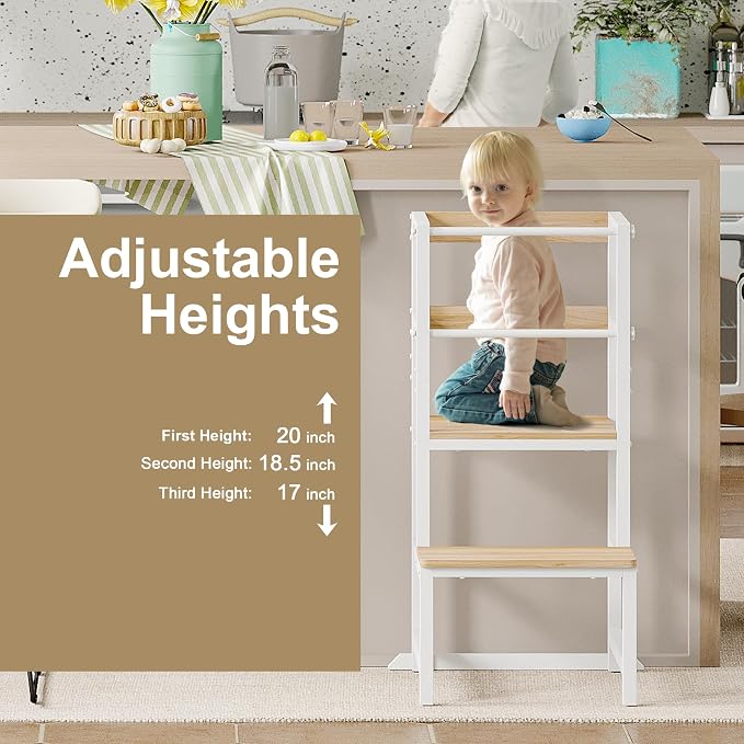 INNOD Kitchen Step Stool for Toddlers, Height Adjustable Toddler Tower with Safety Rail, Steel and Wood Toddler Kitchen Stool Helper Kids, Stool for Kids, Learning Tower, Kids' Desk Wood White
