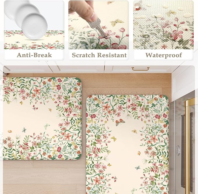 KIMODE Kitchen Mats for Floor Anti Fatigue, Flower Butterfly Kitchen Rugs Sets of 2, Cushioned Kitchen Floor Mats, Comfort Standing Mat for Sink Laundry Office Desk 20"x47"+20"x32" Beige
