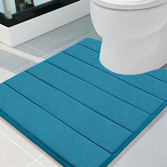 Buganda Memory Foam U-Shaped Contour Toilet Rugs, Non Slip Absorbent, Thick Soft Washable Bathroom Mat, Floor Carpet Bath Rugs Mat for Toilet Base (24" x 20", Peacock Blue)