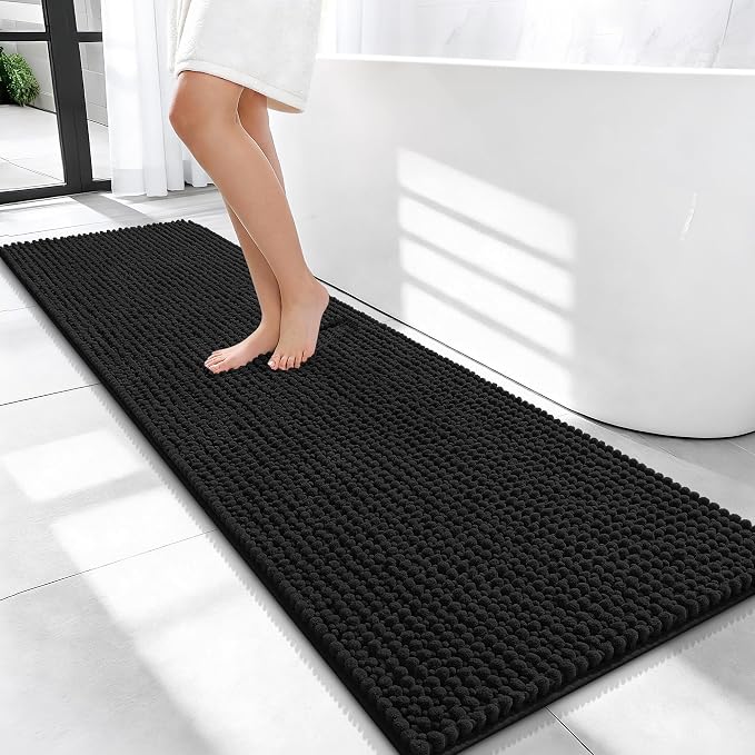 OLANLY Thick Bathroom Runner Rugs 59x20, Extra Soft Absorbent Chenille Bath Rugs, Rubber Backing, Machine Wash Dry, Long Bath Mats for Bathroom Floor, Tub and Shower, Home Decor Accessories, Black