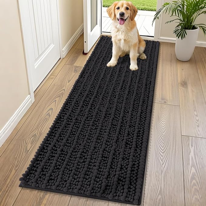 Smiry Dog Door Mat for Muddy Paws 70x24, Absorbent Dirt Trapper, Non-Slip Washable Chenille Entryway Rug for Inside Floor, Black, Layered Pattern