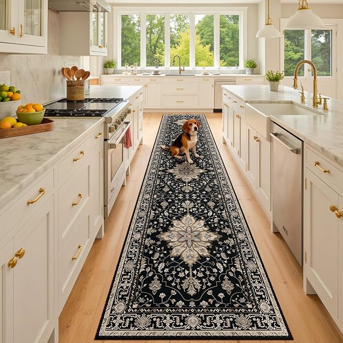 RELEANY Area Rugs Runner 3'x10' Washable Non-Slip, Floral Vintage Distress Medallion Carpet for Kitchen Hallway Bedroom Beside Laundry Room Bathroom, Black Brown Neutral Dark Tan