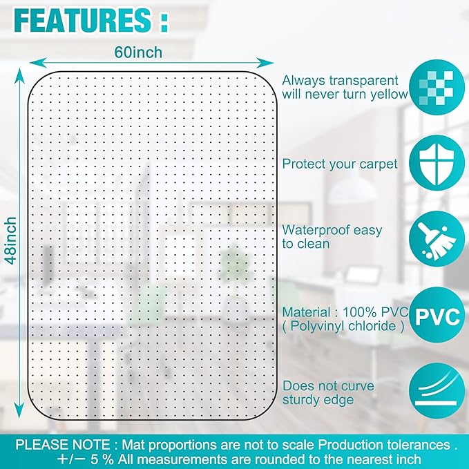 2 Pack Office Chair Mat for Carpets, 48'' x 60'' Clear Floor Mat for Carpeted Floors, Thick and Sturdy Carpet Protector with Grips, Easy Glide and Flat Without Curling