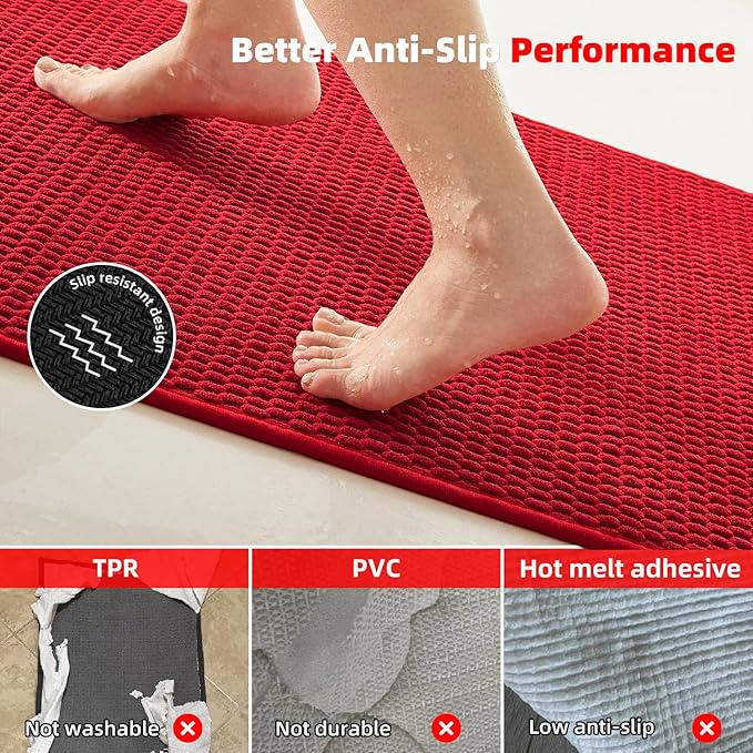 TYUU Christmas Bathroom Runner Rug, Long Bath Mat Washable Thin Quick Dry Low Pile Bathroom Runner Rugs 24 x 60 Non Slip, Red 24"x60"