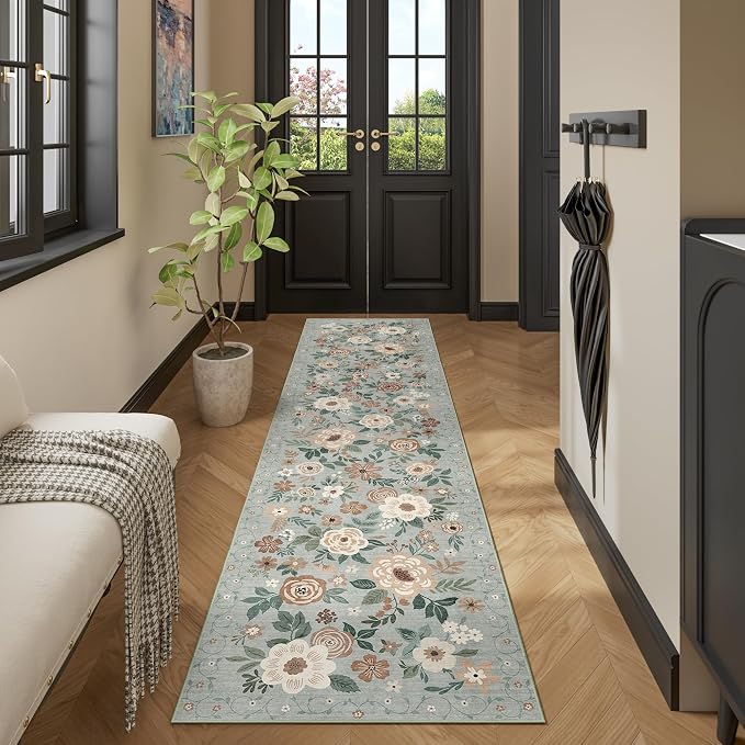 DUKINO Runner Rug, 2x10 Kitchen Runner Rug for Hallway with Non Slip Backing, Washable Low Pile Soft Boho Floral Carpet for Kitchen, Entryway, Hallway, Laundry, Bedroom, Sage Green