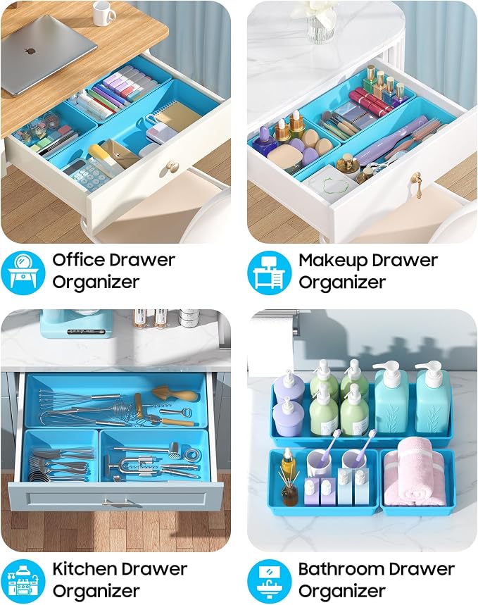 10 Pack Large Size Plastic Drawer Organizers Set, 3 Sizes Desk Drawer Organizer Trays, Storage Bins for Vanity, Makeup, Bathroom, Kitchen Utensils and Office (Blue)