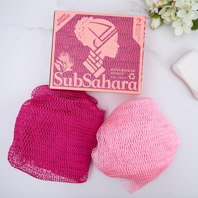 SubSahara Authentic African Net Sponge - 2 Pack Exfoliating Bath & Shower Loofah Sponge for Body & Face, Gentle Scrubber for All Skin Types, Travel, Durable (Dark Pink & Light Pink)