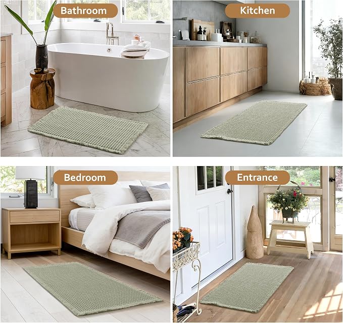 JIUZHEN Set of 2 Waffle Bathroom Rugs Super Absorbent Boho Bath Rugs Non Slip Washable Bath Mats Ultra Soft Machine Washable Shower Mats for Bathroom Floor, Tub, 16" x 24" +18" x 30", Sage Green