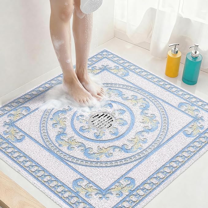 Square Shower Mat Non Slip: 24x24 Inch Extra Large Shower Mats with Drain Hole in Middle -Anti Slip Shower Mats for Inside Shower -Loofah Shower Floor Mat Bath Mat for Shower Stall Bathtub Elderly