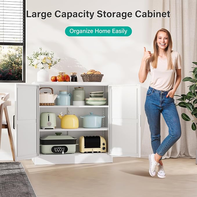 Metal Storage Cabinet with Doors & Adjustable Shelves, 36" Tall Farmhouse Pantry Cabinet, Small Sideboard for Kitchen, Dining, Living & Laundry Room, White