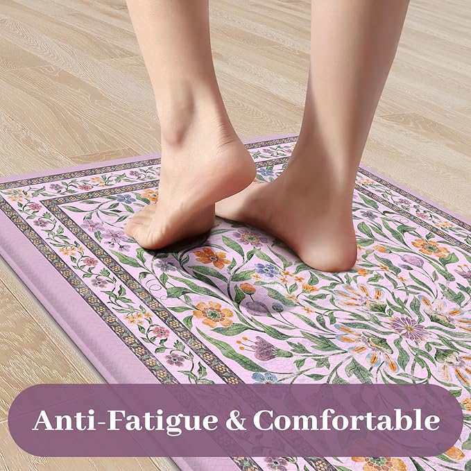 KIMODE Anti Fatigue Kitchen Mat, Cushioned Boho Kitchen Rugs Sets of 2, Farmhouse Kitchen Mats for Floor Non Slip, Waterproof Standing Desk Mats for Laundry Office Sink Purple 17.3"x29"+17.3"x47"