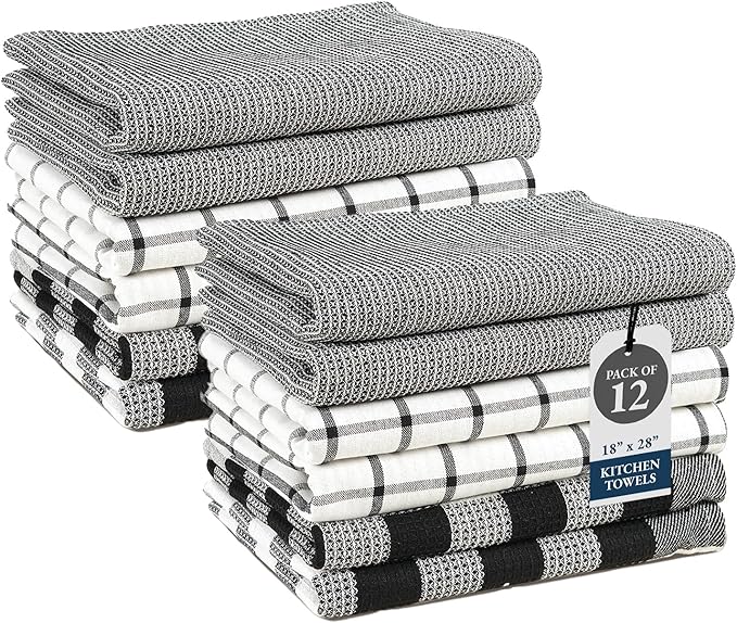 LANE LINEN Kitchen Dish Towels Set of 12 – 18”x28” Soft & Quick-Drying Hand and Tea Towels, Premium Decorative Kitchen Towel – Black
