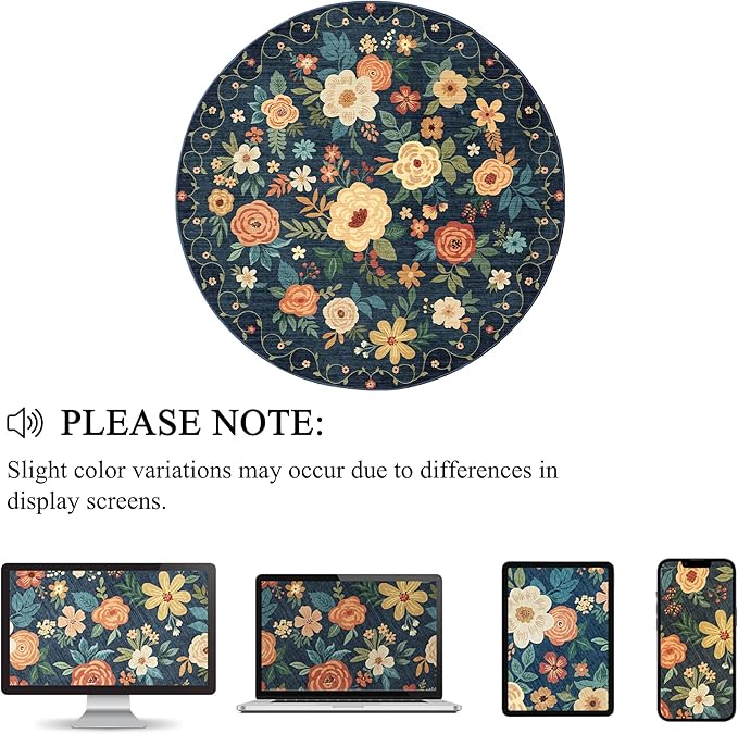 DUKINO Floral Round Rug, 4ft Washable Circle Rug, Non Slip Indoor Low Pile Circle Rug, Soft Small Boho Design Carpet for Bedroom, Entryway, Living Room, Dining Room, Dark Blue