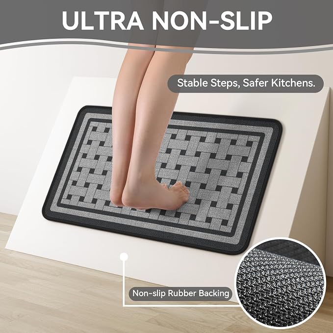 Kitchen Mats for Floor, 17''x30'' Washable Absorbent Non Slip Kitchen Mat, Braided Kitchen Runner Rug, Kitchen Sink Rug, Grey