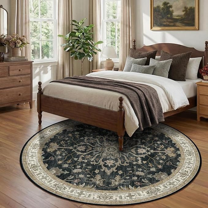RELEANY Area Rugs Round 8ft Washable Non-Slip, Floral Vintage Distress Medallion Carpet for Living Room Bedroom Dining Room, Vintage Black Brown Neutral