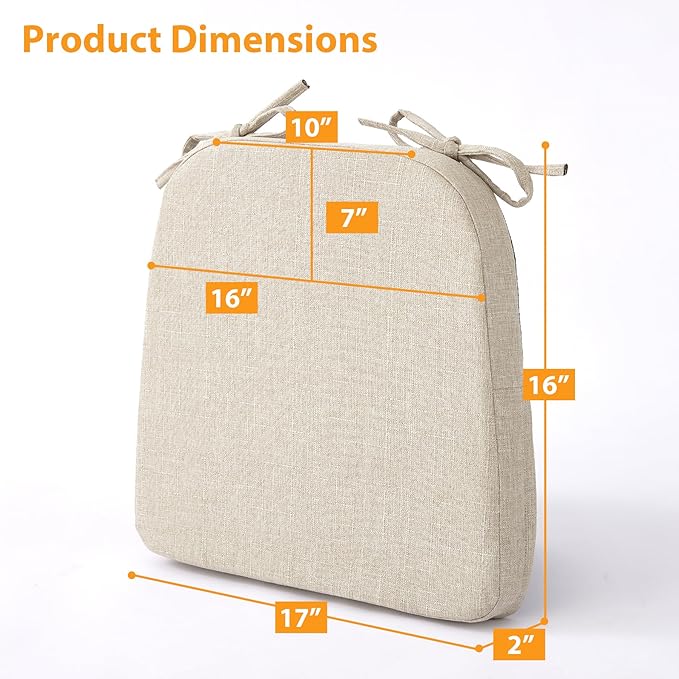 Ruqmuis Chair Cushions for Dining Chairs, 2" Thick Seat Cushions for Kitchen Chairs, D-Shaped Chair Pads with Washable Cover, Ties and Non Slip Backing, 17'' x 16'', Set of 4, Beige