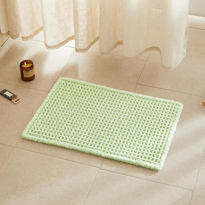 TYUU Waffle Bath Mat, Boho Bathroom Rugs Non Slip Washable Super Absorbent Quick Dry Cute Bath Mat Farmhouse Bathroom Decor, 24"x16" Pale Green