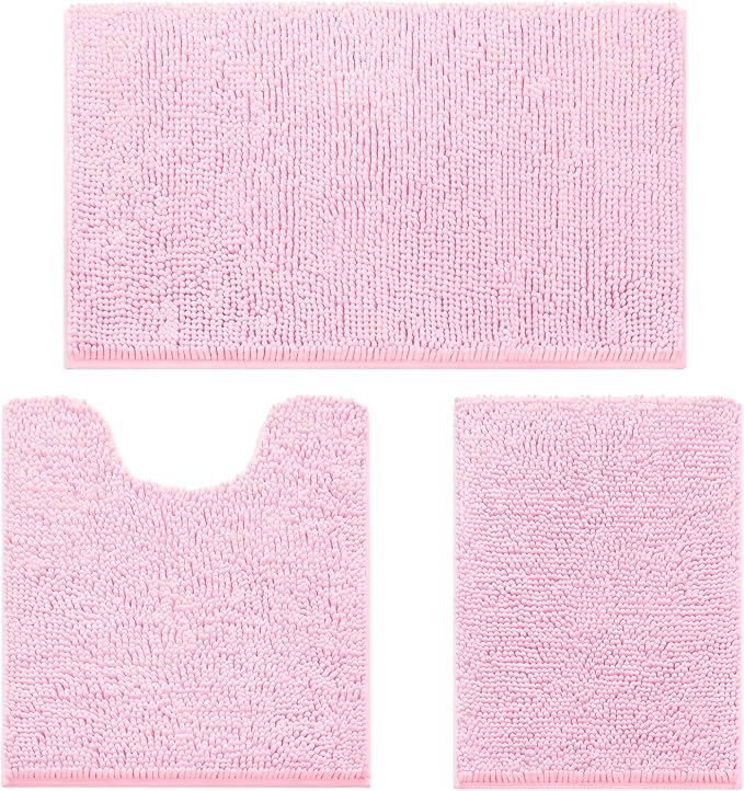 HOMEIDEAS 3 Pieces Bathroom Rugs, Ultra Soft Non Slip Absorbent Chenille Toilet Bath Mat Set (Light Pink)