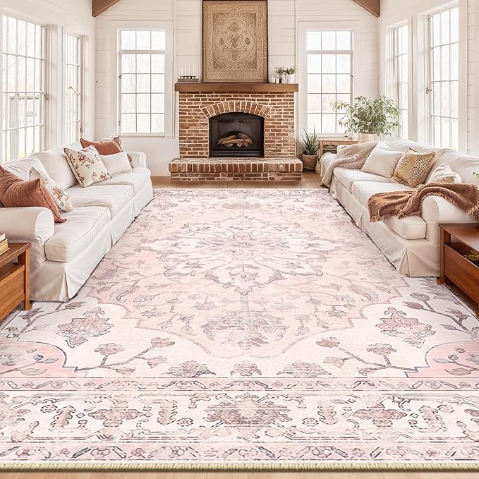 RELEANY Area Rugs Large 10'x14' Washable Non-Slip, Floral Vintage Distress Medallion Carpet for Living Room Bedroom Dining Room, Pink Greypink Cute