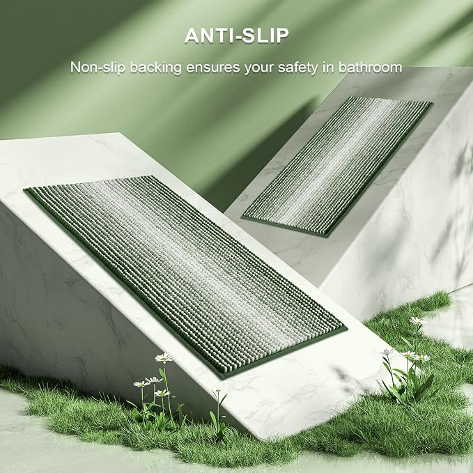 Bathroom Rugs and Mats Sets, 2 Piece Thick Absorbent Chenille Bath Mat Rug Set Non Slip, Soft Shaggy Bath Room Floor Mats for Bathroom, Machine Washable (Hunter Green, 20" x 60" Plus 20" x 32")
