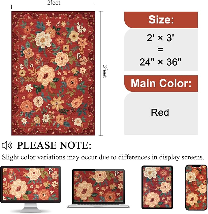 DUKINO 2x3 Rugs for Entryway, Floral Indoor Washable Door Mat, Non Slip Boho Small Rug for Kitchen, Soft Low Pile Front Door Throw Rug for Entrance, Bedroom, Kitchen, Laundry, Bathroom, Red