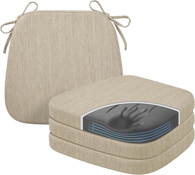 baibu Kitchen Chair Cushions Set of 4, Dual-Layer Patented Design Memory Foam Dining Chair Pads with Ties and Washable Cover, 4 Pack, 17" x 16" x 2", Beige