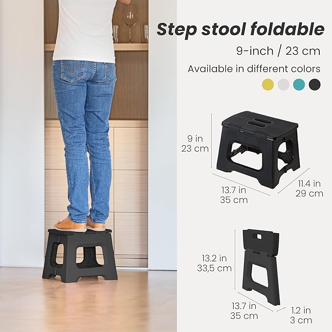 Vigar Compact Folding Step Stool - 9 Inch Foldable Step Stool for Adults, Lightweight Portable Stool with Handle, Non Slip Step Stool, Space Saving Stool up to 330 lb - Black