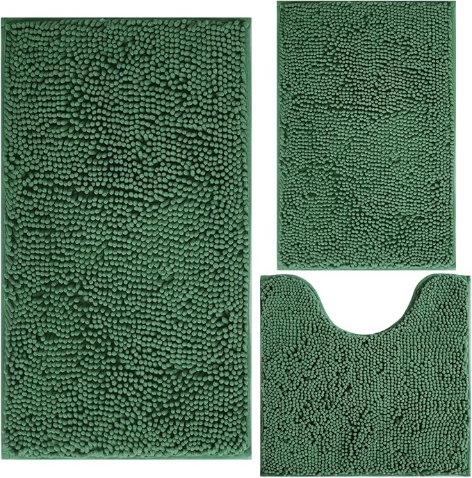 Green Bathroom Rug Chenille 3-Piece Extra Soft and Absorbent Shag Bath Mat Set, Machine Wash Bathroom Rug Set, Strong PVC Non-Slip Underside, Plush Carpet Bath Mat (Dark Green)