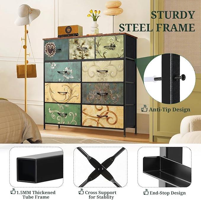 9-Drawer Dresser for Bedroom, Anti-Tip Tall Storage Organizer Chest of Drawers with Wooden Top and Metal Frame Fabric Bins for Closet, Living Room, Hallway, Entryway, Floral Painted