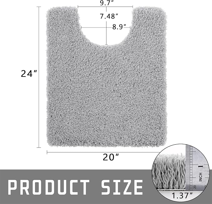 Yimobra U Shaped Toilet Bath Rug, Fluffy Plush, Super Shaggy Soft Non Slip, Water Absorbent Microfiber Bath Mat, Dries Quickly, Machine Washable Thick Bathroom Rugs, 20"x 24", Pure Gray