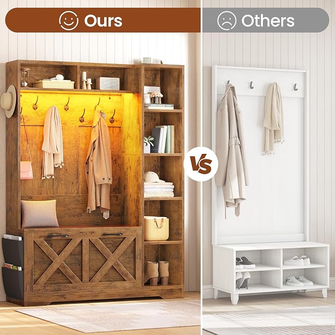 Itaar Hall Tree with Bench and Shoe Storage, Farmhouse Entryway Bench with Coat Rack, Shoe Cabinet with Flip Drawers, 7 Shelves, 10 Coat Hooks, Storage Bag, Led Lights, Rustic Brown