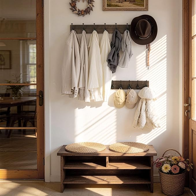 WEBI Rustic Coat Rack Wall Mount,5 Cast Iron Coat Hooks Wall Mounted,Heavy Duty Wood Wall Coat Hanger Hooks for Hanging Coats,Jacket,Clothes,Backpack,Farmhouse,Weathered Brown