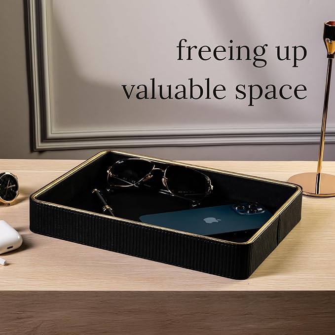 Leather Catchall Valet Tray for Men| Mens Valet Catch All Trays| Bedside Organizer for Nightstand| Cologne Tray for Men| Desk Trays Leather Tray Organizer (Black)