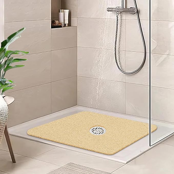 HITSLAM Square Shower Mat, 24 x 24 Inch Non Slip Bath Mat for Tub, Soft PVC Loofah Bathtub Mats with Drain Holes, Quick Drying Bathroom Stall Floor Mat, Bathroom Accessories Without Suction Cup, Beige
