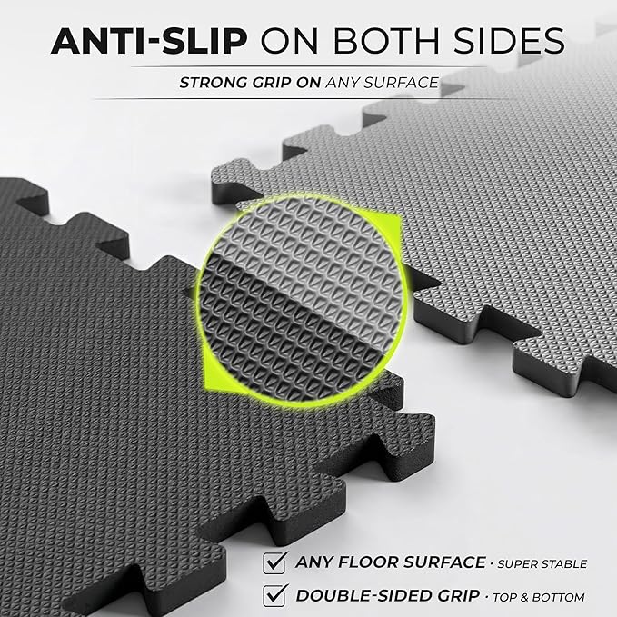 bemaxx Gym Mats Set - 18 pcs EVA Interlocking Foam Floor Tiles (12.6"x12.6"x0.4") 18sqft Protective Gym Flooring Sports Home Workout Exercise Mats Puzzle Garage Fitness Play-Room Pool Treadmill Bike
