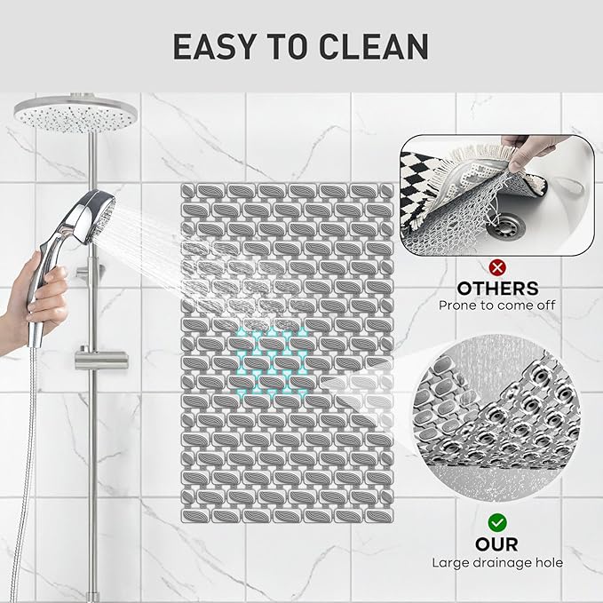 XIYUNTE Shower Mat Non Slip Bathtub Mat - 27 x 16Inches Soft Rubber Bath Mat for Tub Non Slip Bath Mat with Suction Cups and Drain Holes, Easy to Clean, Easy to Cut, Eco-Friendly, Dark Grey