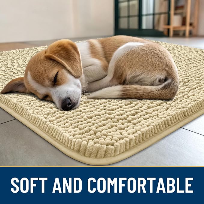 Smiry Dog Door Mat for Muddy Paws 36x24, Absorbent Dirt Trapper, Non-Slip Washable Chenille Entryway Rug for Inside Floor, Cream White, Classic Solid