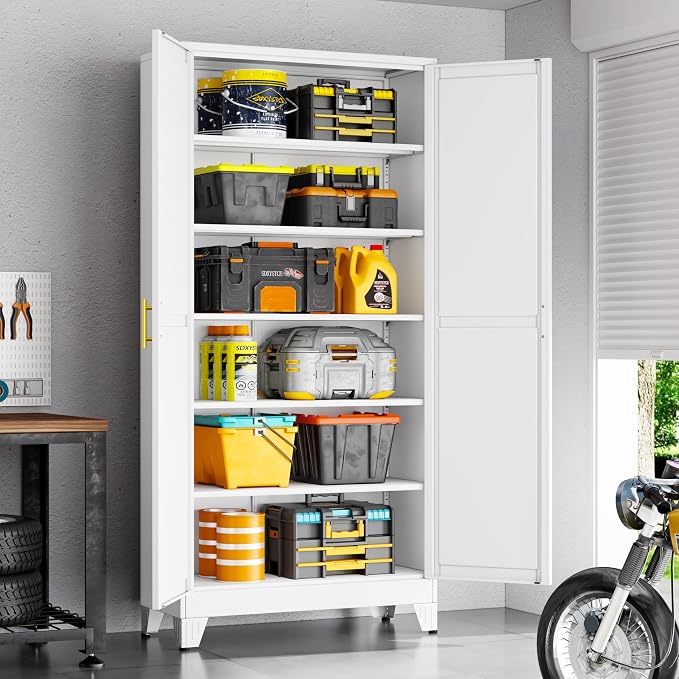 75" White Tall Metal Garage Storage Cabinet with 2 Doors and 5 Adjustable Shelves,Kitchen Pantry Cabinet,File Cabinet,Steel Tool Cabinet for Home,Office,Garage,School,Warehouse