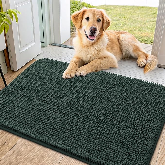 Smiry Dog Door Mat for Muddy Paws 36x24, Absorbent Dirt Trapper, Non-Slip Washable Chenille Entryway Rug for Inside Floor, Green, Classic Solid