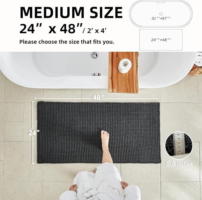 TYUU Black Bathroom Rug, Waffle Bath Mat Non Slip Washable Super Absorbent Quick Dry Boho Farmhouse Bathroom Decor, 48"x24" Black
