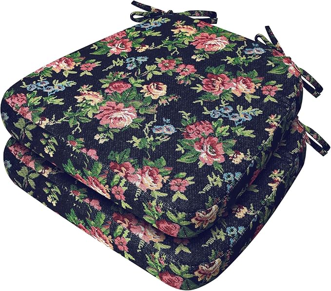 AAAAAcessories D-Shaped Chair Cushions, 2" Thick Dining Chair Pads with Ties and Removable, Machine-Washable Cover, 17" x 16", Set of 2, Night-Blooming Blossoms